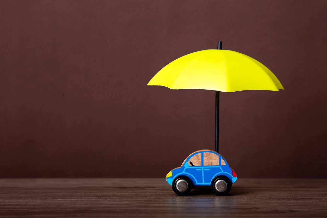Blue Toy Car protected by Umbrella